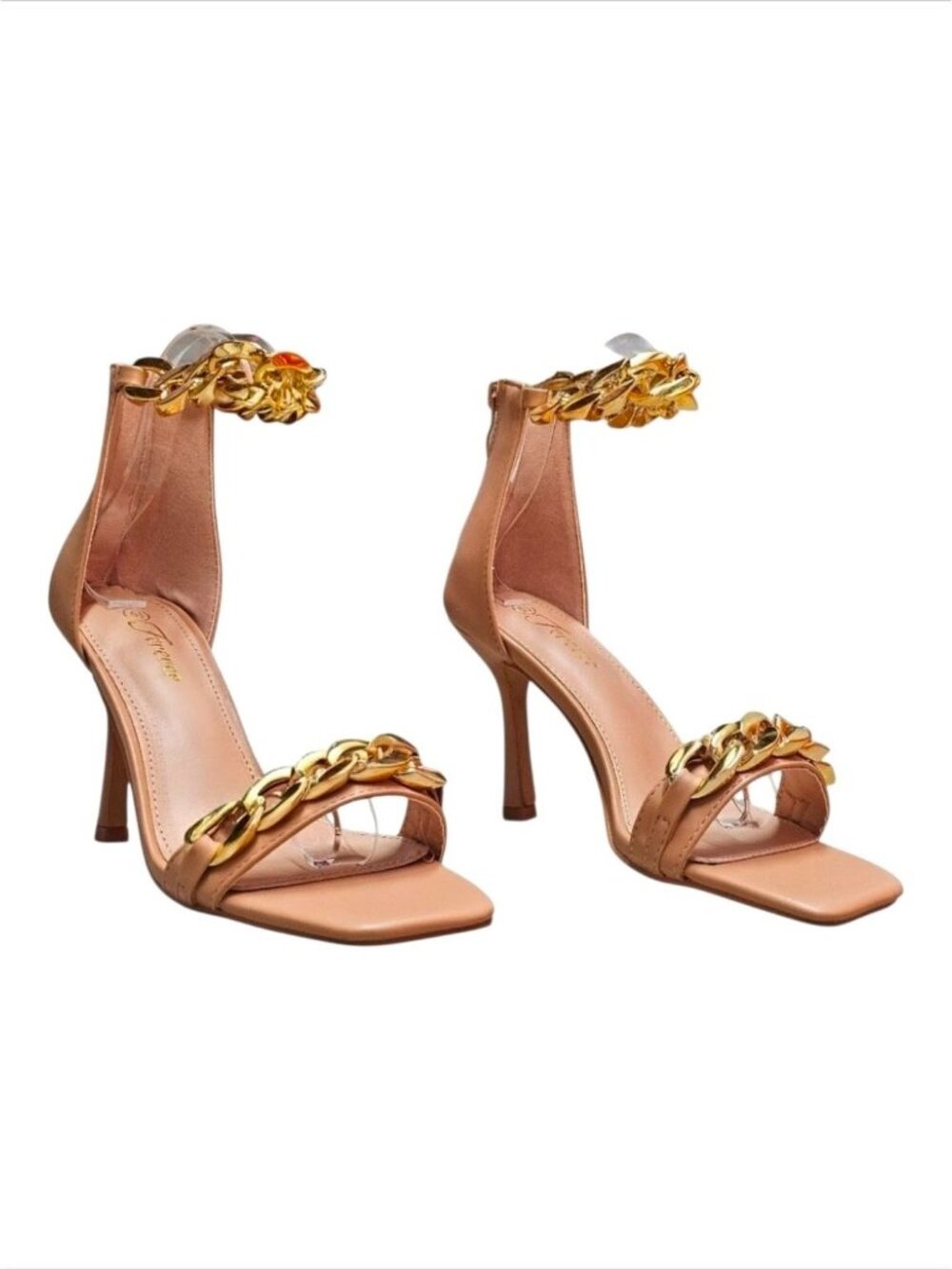 Gold Chain Embellished Nude Stiletto Heels With Ankle Strap - Sleek & Elegant Op - Picture 14 of 14